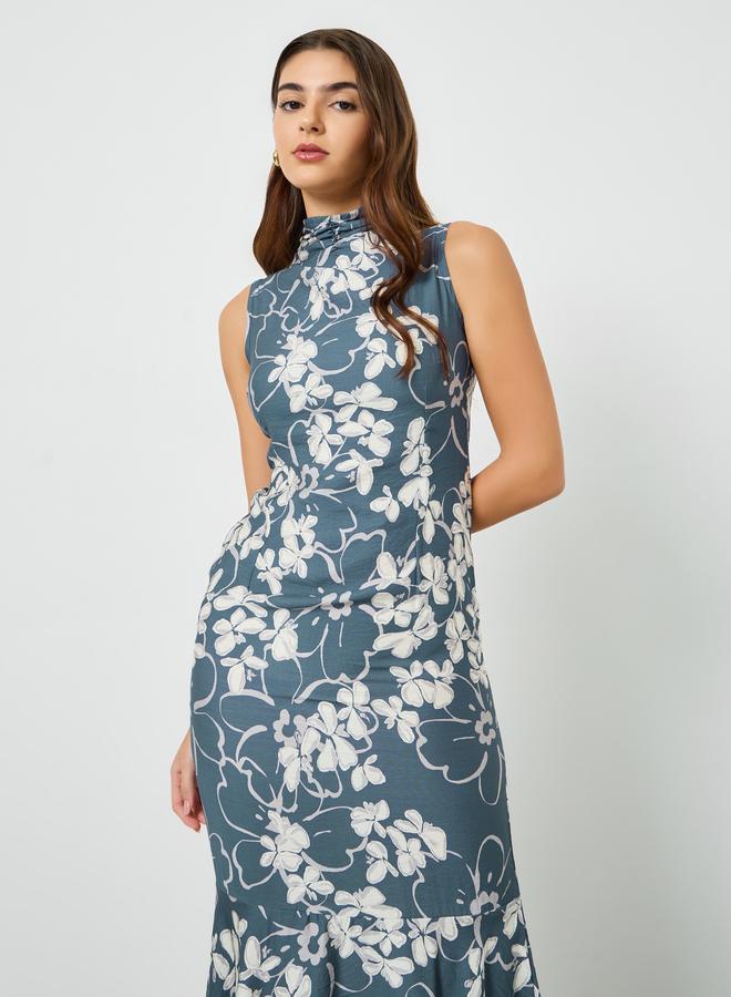 Women Blue Floral Sleeveless Mermaid Hem Maxi Dress